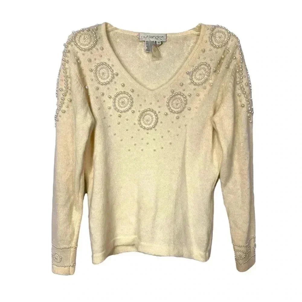 Outlander Vintage Faux Pearl Beaded Lambswool & Rabbit Hair Sweater